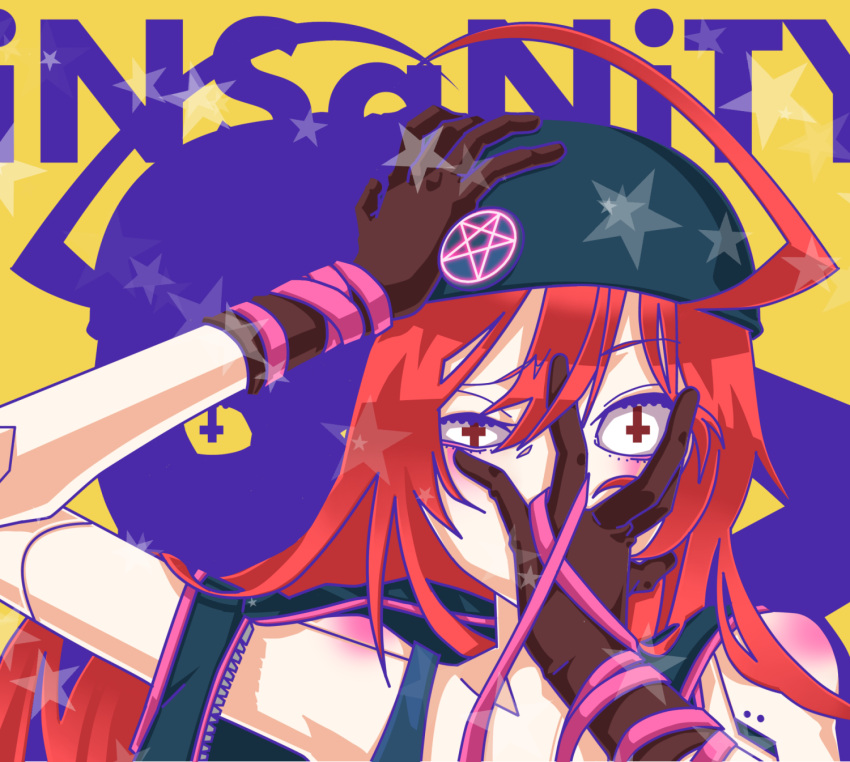 1girl ahoge bandana bare_shoulders brown_gloves commentary_request cross gloves hair_between_eyes hand_on_own_face hand_on_own_head highres insanity_(vocaloid) joints long_hair looking_at_viewer pentagram red_eyes redhead robot_joints sf-a2_miki shikb0 solo song_name star_(symbol) symbol-shaped_pupils tagme upper_body vocaloid