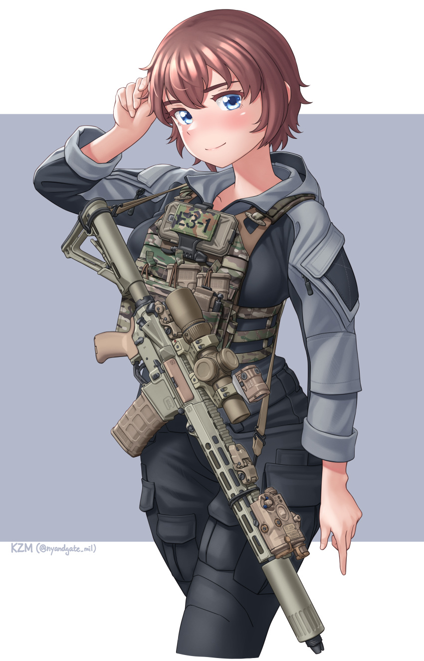 1girl absurdres ar-15 artist_name black_jacket black_pants blue_eyes blush brown_hair cargo_pants closed_mouth cowboy_shot grey_jacket gun gun_sling hand_in_own_hair harness highres jacket kzm_(sub-moa_works) load_bearing_vest long_sleeves looking_at_viewer magazine_(weapon) multicolored_clothes multicolored_jacket original pants redhead rifle scope short_hair signature simple_background smile solo standing twitter_username two-tone_jacket weapon