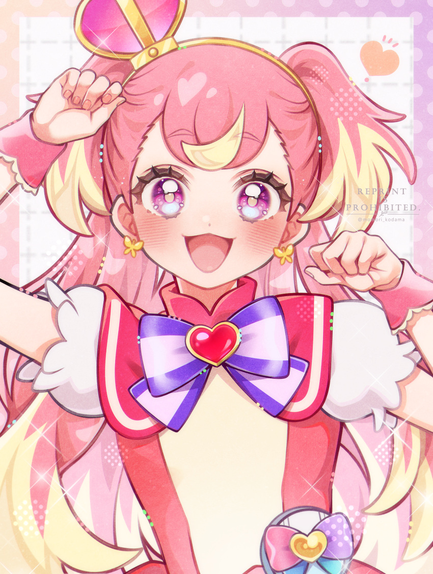 1girl blonde_hair bow bowtie brooch crown cure_wonderful dress earrings english_commentary heart heart_brooch highres inukai_komugi jewelry looking_at_viewer magical_girl mini_crown multicolored_hair notice_lines open_mouth paw_pose pink_crown_(object) pink_hair pouch precure puffy_short_sleeves puffy_sleeves purple_bow purple_bowtie red_dress shikamori_kodama short_sleeves smile solo two-tone_hair two_side_up violet_eyes wonderful_precure! wrist_cuffs