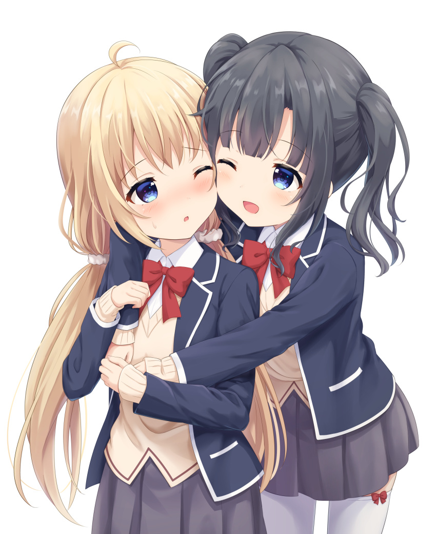 2girls ;d ;o absurdres ahoge arms_up aunt_and_niece behind_another black_jacket blazer blunt_bangs blush bow bow_legwear bowtie brown_sweater cheek-to-cheek collared_shirt commentary_request crossed_bangs grey_skirt hair_ornament hair_scrunchie heads_together highres hug itsumura_haruka itsumura_yukari jacket long_hair long_sleeves looking_at_another low_twintails medium_hair miniskirt multiple_girls nose_blush one_eye_closed open_clothes open_jacket open_mouth pleated_skirt re:stage! red_bow red_bowtie scrunchie shirt sidelocks simple_background skirt sleeves_past_wrists smile sweater thigh-highs twintails white_background white_scrunchie white_shirt white_thighhighs yutuki_ame