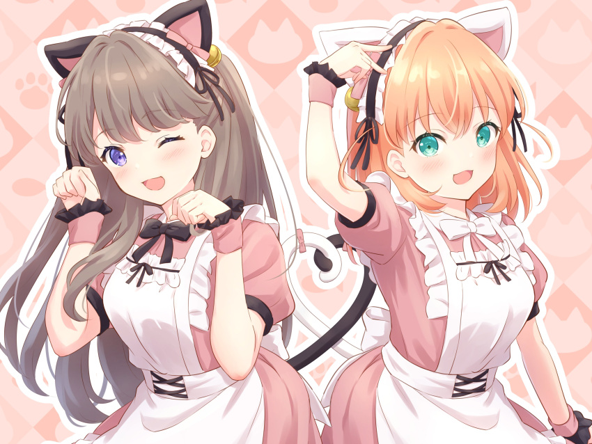 2girls :3 ;d absurdres animal_ears apron aqua_eyes arm_at_side arm_up black_ribbon blush breasts brown_hair cat_ears cat_tail commentary cosplay crossed_bangs dress ear_bell fake_animal_ears fake_tail fujishima_megumi fujishima_megumi_(cosplay) hands_up heart heart_tail heart_tail_duo highres hinoshita_kaho link!_like!_love_live! long_hair looking_at_viewer love_live! m's_one_day_(love_live!) maid_apron maid_day maid_headdress medium_breasts medium_hair multiple_girls neck_ribbon one_eye_closed open_mouth orange_hair outline paw_pose pink_dress pink_wrist_cuffs ribbon smile tail two_side_up violet_eyes virtual_youtuber white_apron white_outline white_ribbon wrist_cuffs yutuki_ame