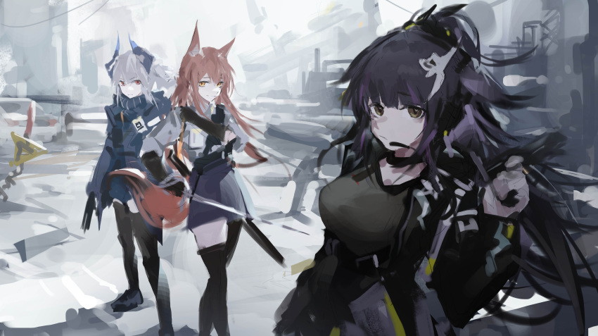 3girls absurdres animal_ears arknights black_gloves black_hair black_jacket black_shirt black_thighhighs blue_jacket blue_skirt blunt_bangs breasts brown_eyes cat_ears cat_girl chinese_commentary closed_mouth commentary_request crossed_bangs floppy_ears fox_ears fox_girl fox_tail franka_(arknights) gloves green_eyes grey_hair grey_shirt gun hand_up handgun headset highres holding holding_gun holding_weapon horns jacket jessica_(arknights) jessica_the_liberated_(arknights) large_breasts liskarm_(arknights) long_hair long_sleeves looking_at_viewer medium_hair multiple_girls ponytail qingfeng_canying red_eyes redhead scabbard serious sheath sheathed shirt sidelocks sketch skirt smile standing sword tail thigh-highs weapon