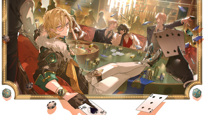 absurdres aqua_shirt aventurine_(honkai:_star_rail) black_footwear black_gloves blonde_hair card champagne_flute closed_mouth collared_shirt couch cup drinking_glass faceless faceless_female faceless_male fur_trim gloves hair_between_eyes highres holding holding_card honkai:_star_rail honkai_(series) indoors jewelry looking_at_viewer magnolia29 multiple_boys on_couch pants playing_card poker_chip poker_table ring roulette_table shirt short_hair sitting solo_focus table tinted_eyewear watch watch white_pants