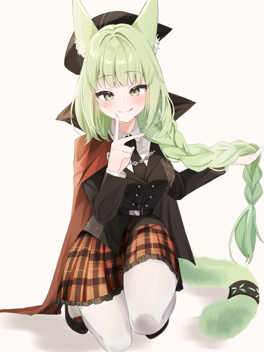 1girl animal_ears arknights black_footwear black_jacket black_necktie blazer blush braid braided_ponytail cape cat_ears cat_girl cat_tail collared_cape collared_shirt commentary green_eyes green_hair harmonie_(arknights) harmonie_(invitation)_(arknights) highres holding_own_hair jacket licking_lips long_hair long_sleeves looking_at_viewer necktie nishimiya_aki official_alternate_costume pantyhose plaid plaid_skirt pleated_skirt red_cape shirt shoes skirt solo tail tongue tongue_out white_hair white_pantyhose