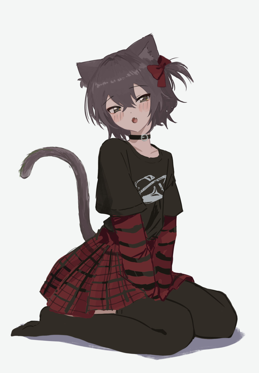 1girl :o absurdres arms_between_legs black_choker black_shirt black_thighhighs blush bow brown_hair cat_girl cat_tail choker collarbone crossed_bangs dot_nose fang full_body grey_eyes hair_between_eyes hair_bow head_tilt high-waist_skirt highres kgt_(pixiv12957613) layered_shirt long_sleeves looking_at_viewer miniskirt no_shoes open_mouth original plaid plaid_skirt pleated_skirt print_shirt red_bow red_shirt red_skirt shirt short_hair short_sleeves sidelocks simple_background sitting skin_fang skirt solo striped_clothes striped_shirt tail thigh-highs wariza white_background