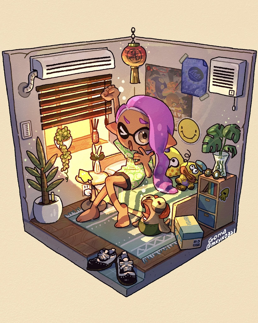 1girl ;o air_conditioner arm_up artist_name asymmetrical_hair barefoot bed big_man_(splatoon) black_footwear black_shorts blush book bookshelf box cardboard_box cellphone charger clothes_writing commentary_request dark-skinned_female dark_skin electrical_outlet frye_(splatoon) glasses green_shirt hand_up highres indoors inkling inkling_girl inkling_player_character isometric lantern light_particles long_hair looking_at_viewer morning mxyx0321 on_bed one_eye_closed open_mouth paper_lantern phone pillow plant pointy_ears poster_(object) potted_plant purple_hair rug salmonid shirt shiver_(splatoon) shoes short_shorts short_sleeves shorts simple_background sitting smallfry_(splatoon) smartphone smiley_face solo splatoon_(series) splatoon_3 sticker stretching stuffed_toy sunlight t-shirt table tape tassel tentacle_hair twitter_username unworn_eyewear unworn_shoes vase waking_up white_footwear window window_blinds window_shadow windowsill wooden_floor yawning yellow_background yellow_eyes zapfish