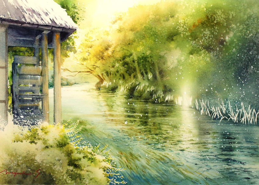 dappled_sunlight day forest highres nature original painting_(medium) scenery shimizu_megumi_(m_acquerello) sunlight traditional_media tree water watercolor_(medium)