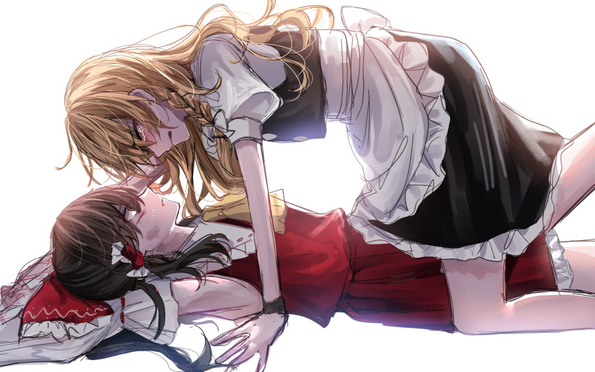 2girls all_fours angst annin_cha apron ascot black_hair black_skirt black_vest blonde_hair blush bow braid crying crying_with_eyes_open eye_contact frilled_bow frilled_hair_tubes frilled_skirt frills from_side hair_between_eyes hair_bow hair_spread_out hair_tubes hakurei_reimu half-closed_eyes highres kirisame_marisa long_hair looking_at_another lying multiple_girls on_back parted_lips profile puffy_short_sleeves puffy_sleeves red_bow red_skirt red_vest sad shirt short_sleeves simple_background single_braid sketch skirt tears touhou twitter_username vest waist_apron white_apron white_background white_bow white_shirt yellow_ascot yellow_eyes