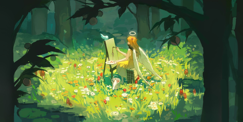 1girl angel angel_wings bare_arms barefoot bird blue_bird branch bucket bush canvas_(object) chinese_commentary commentary dress easel flower food forest from_behind fruit full_body grass halo highres holding holding_brush holding_palette interface_headset lance_of_longinus_(evangelion) leaf lenhato meadow mushroom nature neon_genesis_evangelion orange_flower orange_hair outdoors painting_(action) palette_(object) sitting sleeveless sleeveless_dress solo souryuu_asuka_langley tree white_bird white_flower white_wings wings yellow_dress