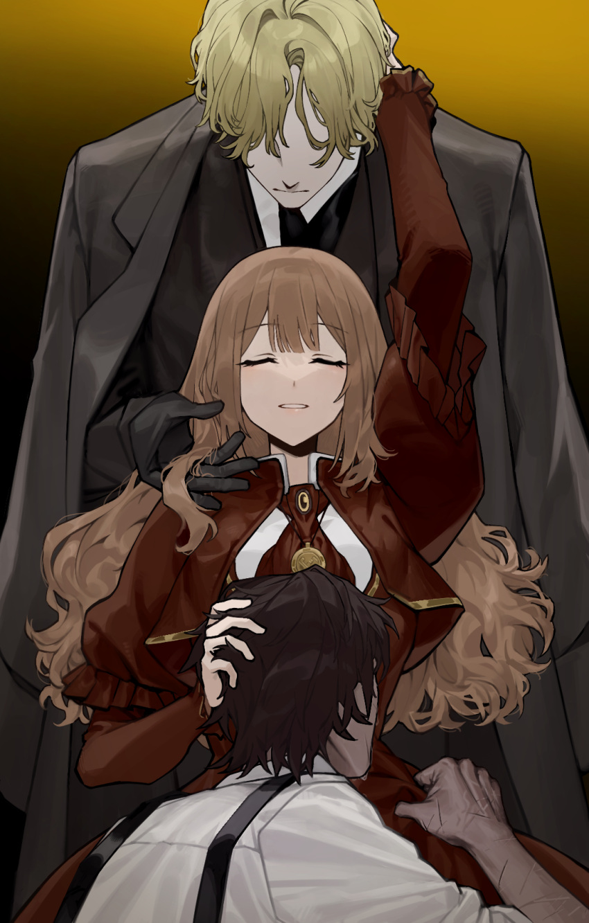 1girl 2boys ascot black_gloves blonde_hair brooch brown_ascot brown_dress brown_hair catherine_(project_moon) coat collared_shirt dress gloves grey_coat heathcliff_(project_moon) highres holster husband_and_wife jewelry limbus_company linton_(project_moon) long_hair multiple_boys necklace project_moon scar scar_on_arm scar_on_hand shirt short_hair shoulder_holster tsal89 white_shirt