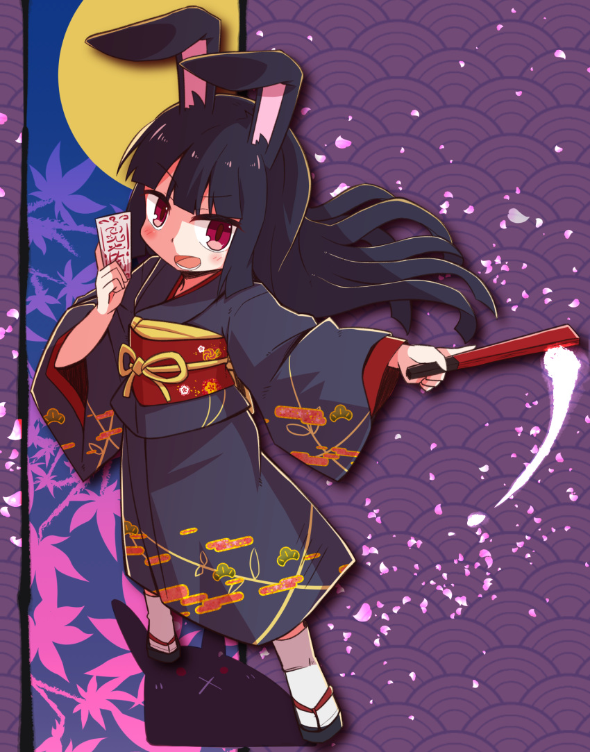 1girl animal_ears black_hair black_kimono cherry_blossoms commentary_request falling_petals floating_hair full_body full_moon geta hand_fan highres holding holding_fan holding_ofuda japanese_clothes kimono leaf leaf_background light_blush long_hair long_sleeves looking_at_viewer moon obi open_mouth original outstretched_arm petals rabbit rabbit_ears rabbit_girl red_eyes red_sash ribbon sash seigaiha shadow socks solo standing tabi talisman tsukimi_shokudouki white_socks wide_sleeves yellow_ribbon yukinagi