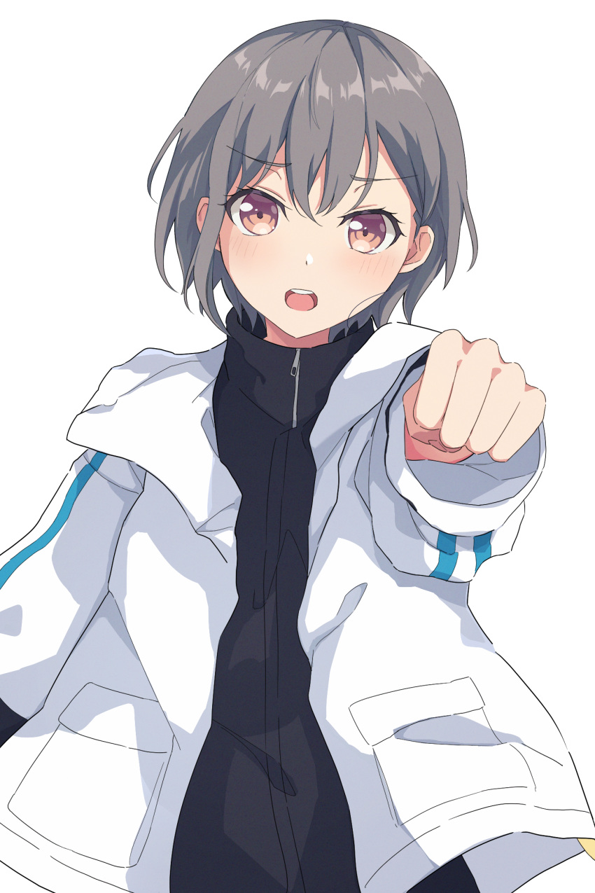 1girl bang_dream! bang_dream!_it's_mygo!!!!! black_jacket blush brown_eyes commentary highres jacket lavirince long_sleeves looking_at_viewer open_clothes open_jacket open_mouth short_hair simple_background solo takamatsu_tomori teeth upper_teeth_only white_background white_jacket zipper_pull_tab