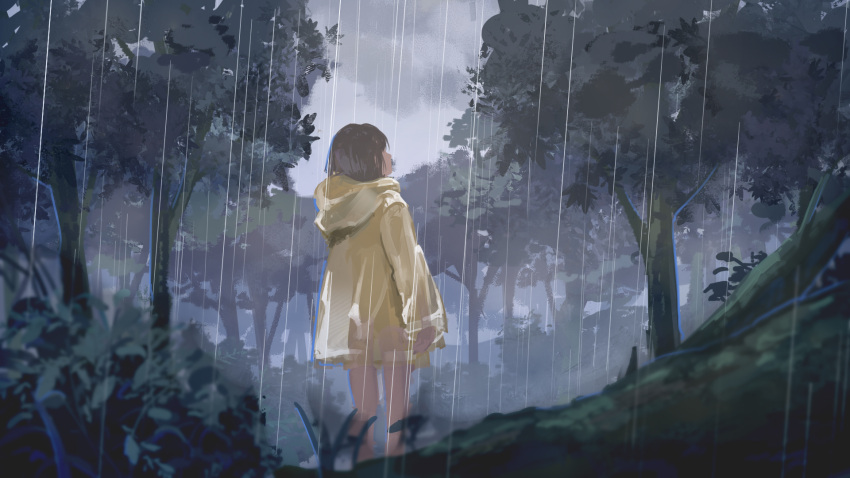 1girl 23el brown_hair clouds cloudy_sky forest highres looking_up nature original outdoors rain sky solo tree yellow_raincoat