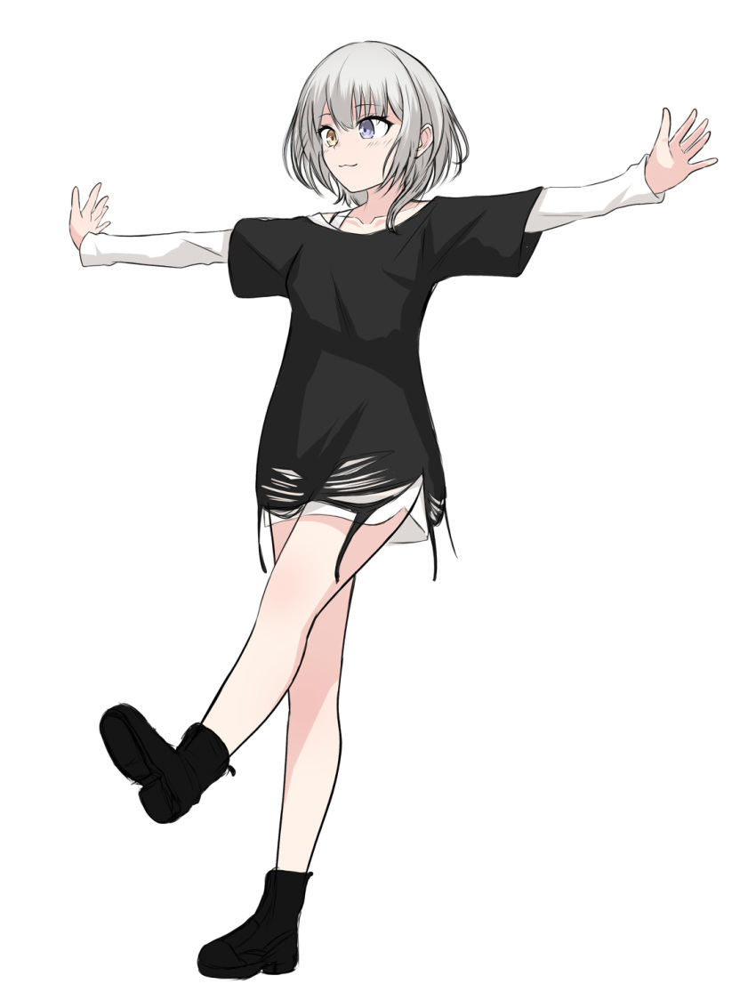 1girl :3 balancing bang_dream! bang_dream!_it's_mygo!!!!! black_footwear blue_eyes blush closed_mouth commentary_request fukumaru1021 heterochromia highres kaname_raana layered_sleeves long_sleeves medium_hair outstretched_arms short_over_long_sleeves short_sleeves shorts simple_background smile solo standing standing_on_one_leg white_background white_hair white_shorts yellow_eyes