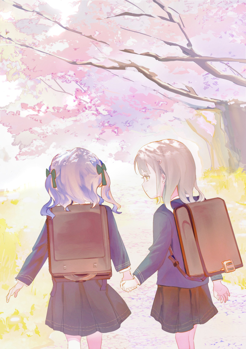 2girls absurdres aged_down backpack bag bang_dream! bang_dream!_it's_mygo!!!!! black_skirt blue_hair blue_jacket bow cherry_blossoms closed_mouth commentary day from_behind green_bow green_hair hair_bow highres holding_hands jacket medium_hair multiple_girls outdoors pleated_skirt randoseru shirt sigangsan skirt togawa_sakiko two_side_up wakaba_mutsumi white_shirt yellow_eyes