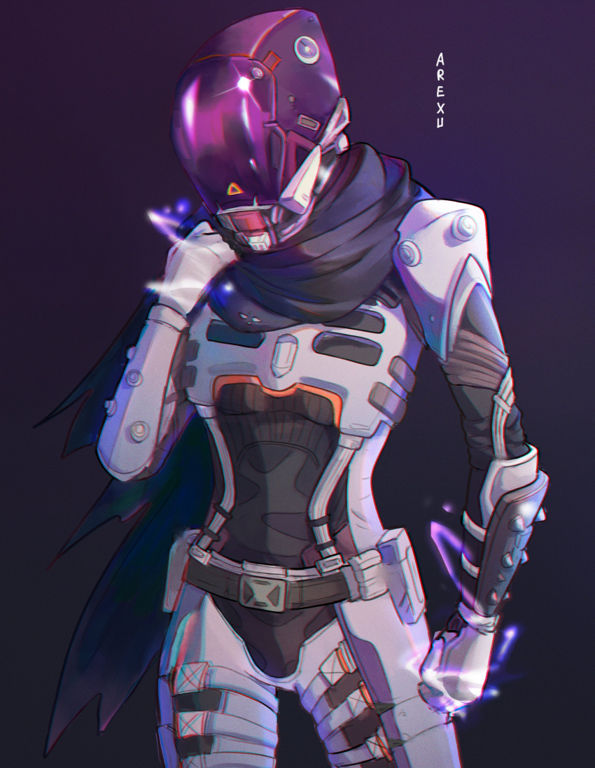 1girl absurdres apex_legends arexu armor artist_name black_background black_bodysuit black_scarf bodysuit clenched_hand cowboy_shot electricity english_commentary hand_on_own_shoulder helmet highres official_alternate_costume power_armor scarf solo voidwalker_wraith wraith_(apex_legends)
