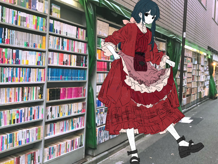 1girl black_eyes black_footwear black_hair bookshelf closed_mouth commentary_request dot_mouth dress empty_eyes expressionless foot_out_of_frame frilled_dress frills highres long_dress long_hair long_sleeves looking_at_viewer mochu_(aoishikabane) original outdoors photo_background red_dress shoes sidelocks solo standing standing_on_one_leg