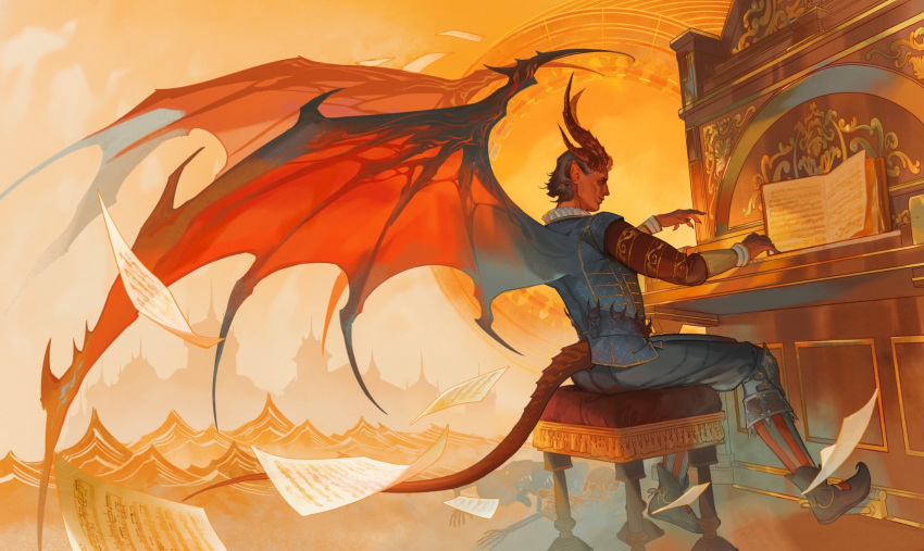 1boy 7d_(fyf7) baldur's_gate baldur's_gate_3 black_hair blue_jacket blue_pants brown_footwear chinese_commentary colored_skin commentary_request demon_boy demon_horns demon_tail demon_wings dungeons_&amp;_dragons fingernails from_side full_body grand_piano highres horns instrument jacket long_sleeves male_focus multiple_horns music pants paper piano playing_instrument pointy_ears pointy_footwear profile raphael_(baldur's_gate) red_horns red_skin red_wings sharp_fingernails sheet_music short_hair sitting sky smile solo stool tail tail_through_clothes wings yellow_sky yellow_theme