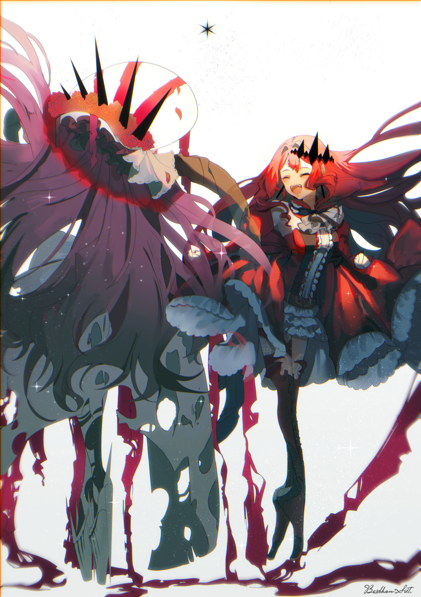 absurdres ascot baobhan_sith_(fate) baobhan_sith_(first_ascension)_(fate) baobhan_sith_(third_ascension)_(fate) bare_shoulders boots bow breasts center_frills colored_skin cross-laced_clothes detached_collar detached_sleeves dress fate/grand_order fate_(series) flower frilled_hat frills glass_slipper grey_ascot grey_skin hat hat_flower highres jewelry large_breasts large_hat long_hair multiple_girls open_mouth pink_hair pointy_ears red_dress red_sleeves rose sidelocks smile spikes thigh_boots tiara user_eyvt8474