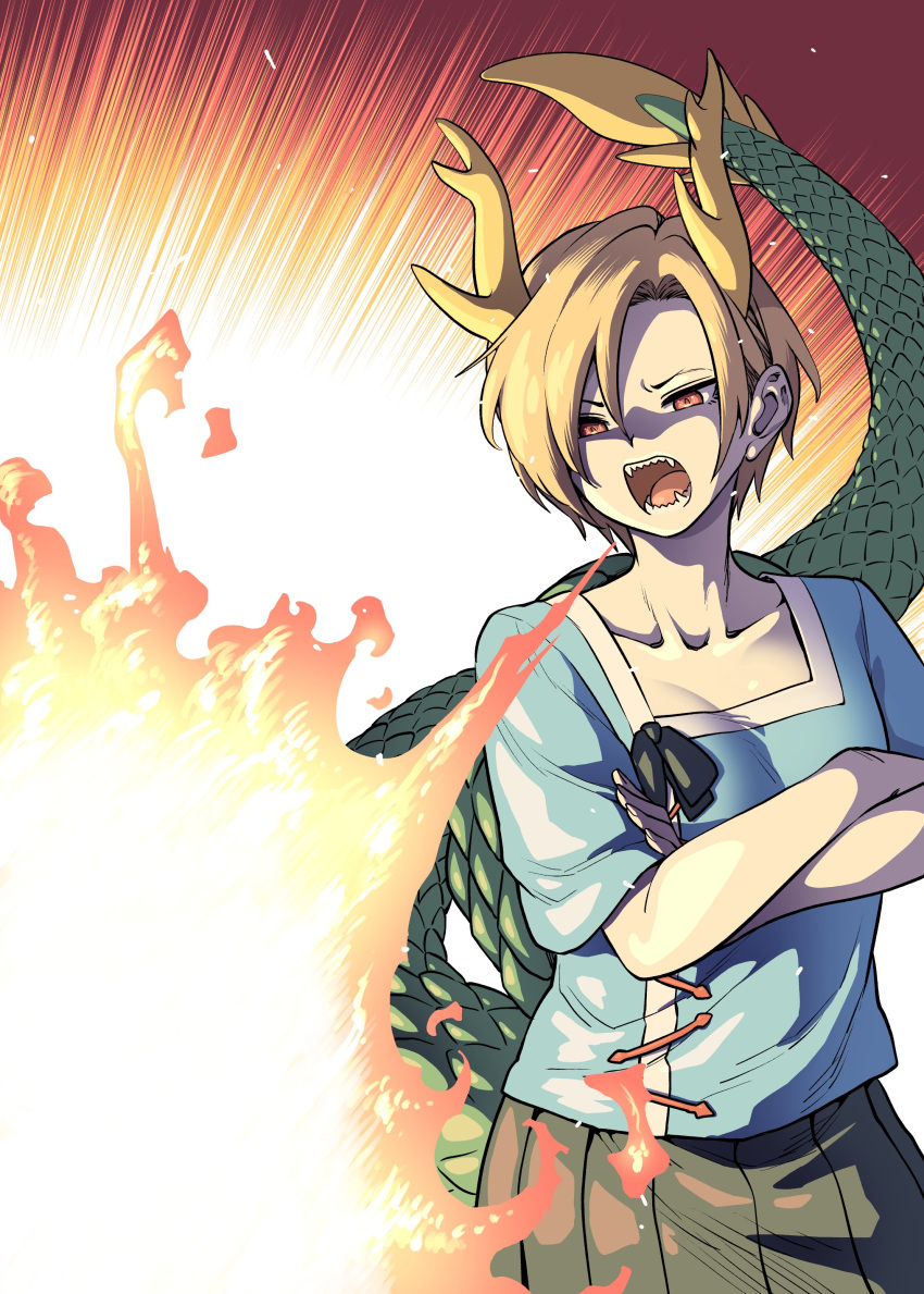 1girl absurdres angry antlers blonde_hair blue_shirt breath_weapon breathing_fire commentary_request commission dragon dragon_girl dragon_horns dragon_tail fire fur-tipped_tail fuuzasa green_scales green_tail highres horns kicchou_yachie monster_girl open_mouth red_eyes scales sharp_teeth shirt short_hair simple_background skeb_commission solo square_neckline tail teeth touhou turtle_shell yellow_horns