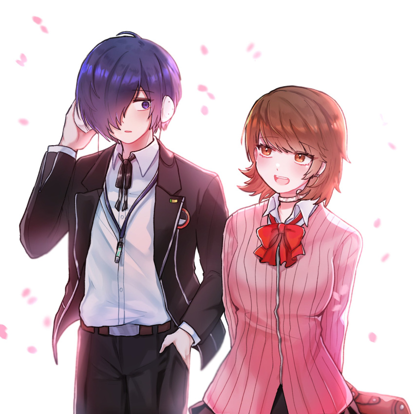 1boy 1girl arms_behind_back black_jacket black_pants black_ribbon black_skirt blue_eyes blue_hair blush bow bowtie breasts brown_bag brown_eyes brown_hair cardigan choker collared_shirt commentary cowboy_shot digital_media_player earphones falling_petals gekkoukan_high_school_uniform hair_over_one_eye hand_in_pocket heart heart_choker height_difference highres jacket long_sleeves looking_at_another loose_bowtie medium_breasts mmx_0_xmm neck_ribbon open_clothes open_jacket open_mouth pants parted_lips persona persona_3 persona_3_reload petals pink_cardigan red_bow red_bowtie ribbon school_uniform shirt short_hair simple_background skirt symbol-only_commentary takeba_yukari white_choker white_shirt yuuki_makoto_(persona_3)