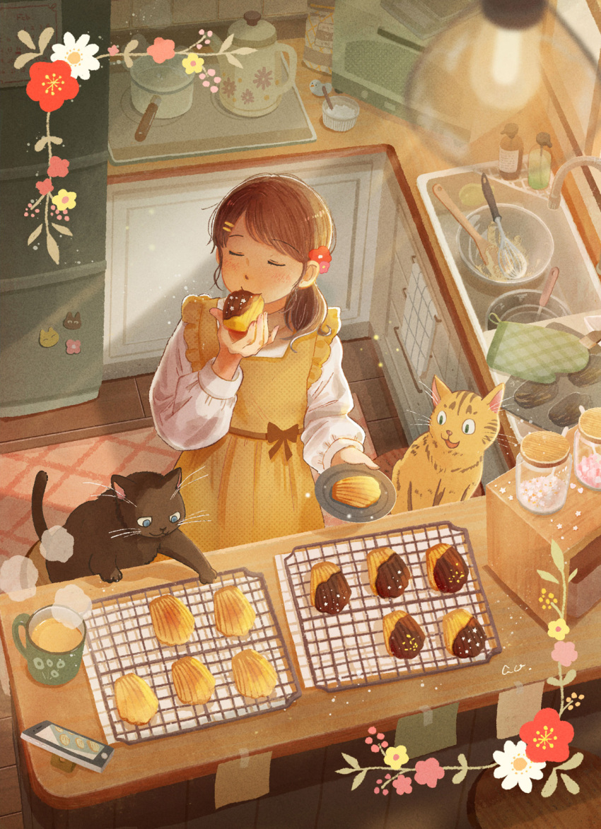 1girl animal ao_(aohari) apron black_cat bow bowl brown_hair cat chocolate closed_eyes coffee coffee_mug commentary_request counter cup eating flower food freckles from_above hair_flower hair_ornament highres holding holding_food holding_plate indoors jar kitchen long_hair long_sleeves mug original oven_mitts plate red_flower scone signature sink smile solo sprinkles standing sticky_note sweater sweets tray whisk white_flower yellow_apron