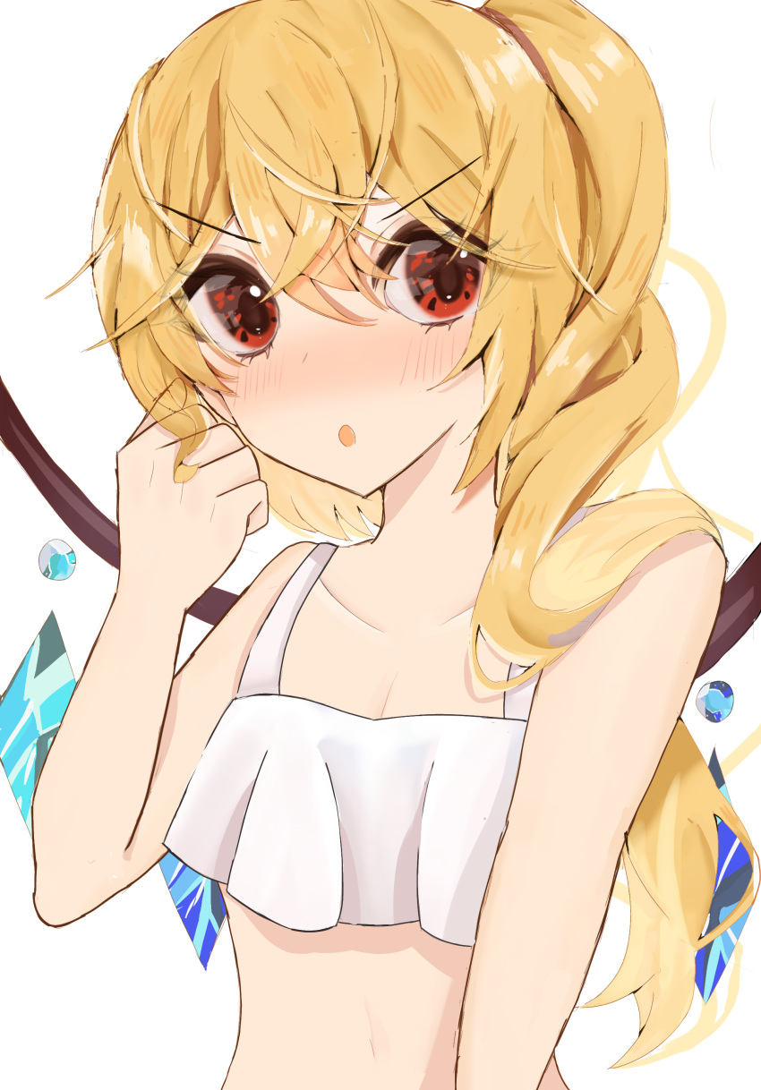 1girl absurdres blonde_hair blush crystal_wings flandre_scarlet flat_chest hand_up highres long_hair open_mouth red_eyes simple_background solo swimsuit teruteru_(pixiv_98065144) touhou white_background