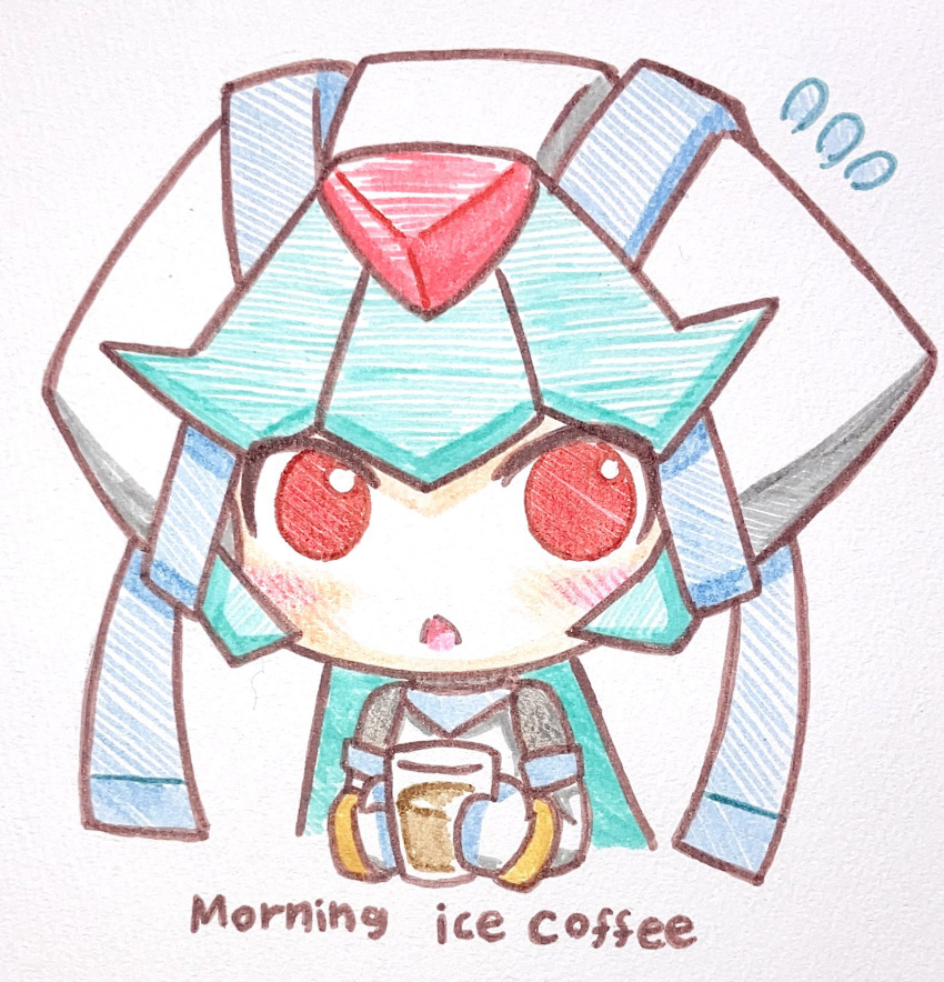 1girl armor blush chibi coffee cup forehead_jewel green_hair highres holding holding_cup long_hair looking_at_viewer mega_man_(series) mega_man_zx model_w_(mega_man) pandora_(mega_man) power_armor red_eyes simple_background sketch solo takaramono traditional_media upper_body white_armor white_background