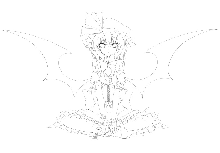 1girl absurdres adapted_costume back_bow bare_shoulders bat_wings bow bowtie center_frills collared_shirt frilled_shirt frilled_shirt_collar frilled_skirt frills greyscale hair_between_eyes hands_on_own_feet hat highres lineart looking_at_viewer mary_janes medium_hair mob_cap monochrome remilia_scarlet shirt shoes skirt socks solo touhou transparent_background utakata_(kochou_no_yume) v-shaped_eyebrows wings