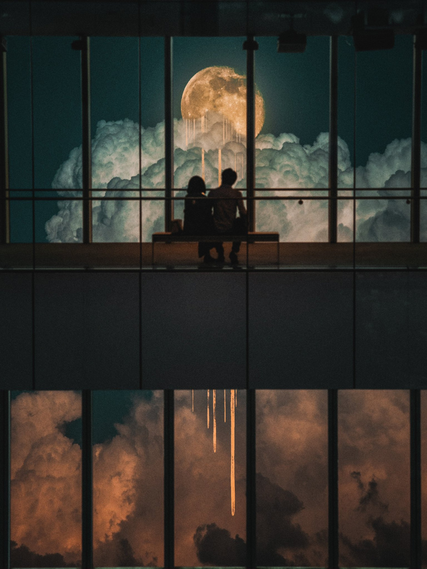 1boy 1girl bag blue_sky clouds commentary_request dripping full_body full_moon highres indoors moon night night_sky omi_kim on_bench original pants reflective_floor shirt shoes short_hair silhouette sitting sky t-shirt wide_shot window