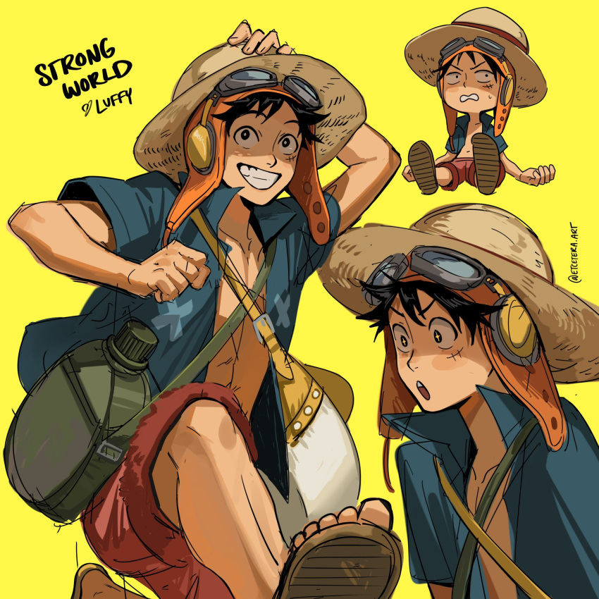 1boy aviator_cap black_hair blue_jacket canteen etceteraart goggles goggles_on_headwear hand_on_own_head hat highres jacket male_focus monkey_d._luffy multiple_views one_piece one_piece:_strong_world open_mouth red_shorts sandals short_hair shorts sitting sparkling_eyes straw_hat twitter_username yellow_background
