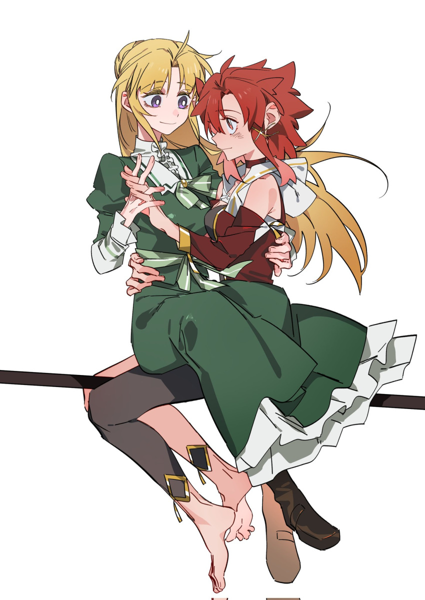 2girls asymmetrical_clothes barefoot blonde_hair bright_pupils broom broom_riding chinese_commentary closed_mouth commentary_request dress green_dress hair_ornament hand_on_another's_back hand_on_another's_waist highres holding_hands interlocked_fingers izetta juliet_sleeves long_sleeves medium_hair molu_stranger multiple_girls off-shoulder_shirt off_shoulder ortfine_fredericka_von_eylstadt puffy_sleeves red_eyes red_shirt redhead shirt shuumatsu_no_izetta simple_background single_pantsleg sitting sitting_on_lap sitting_on_person smile violet_eyes white_background white_pupils x_hair_ornament yuri