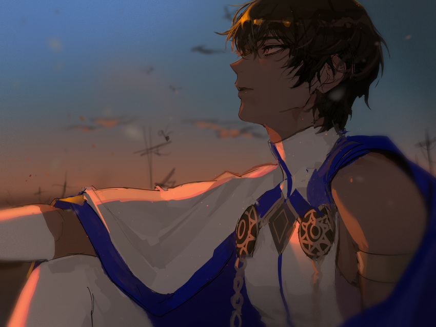 1boy absurdres arjuna_(fate) black_hair blue_sky blurry blurry_background brown_eyes cape dark-skinned_male dark_skin evening fate/grand_order fate_(series) from_side gloves gradient_sky hair_between_eyes highres light_particles male_focus nang_z1 orange_sky profile shiny_skin short_hair sitting sky solo upper_body white_gloves