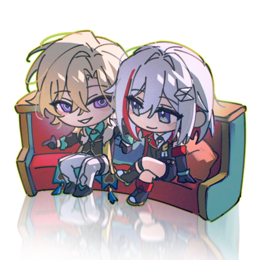 1boy 1girl arm_up aventurine_(honkai:_star_rail) black_coat black_footwear black_gloves black_vest blonde_hair blue_eyes chibi coat collared_shirt couch couple crossed_legs elbow_gloves fur-trimmed_coat fur_trim gloves green_shirt hair_ornament hairclip highres honkai:_star_rail honkai_(series) knees_apart_feet_together light_smile looking_at_another looking_to_the_side multicolored_hair open_clothes open_coat pants qiziaaaaa redhead reflection shirt short_hair simple_background sitting smirk teeth topaz_(honkai:_star_rail) vest violet_eyes white_background white_pants white_shirt