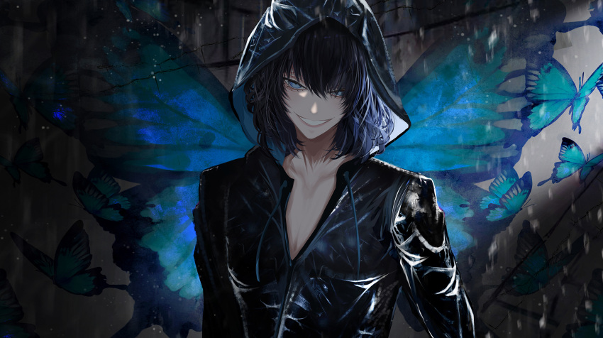 1boy antinese black_hair black_jacket blue_butterfly blue_eyes bug butterfly butterfly_wings drawstring fate/grand_order fate_(series) highres hood hooded_jacket insect_wings jacket long_sleeves male_focus oberon_(fate) oberon_(moody_summer_oberon)_(fate) oberon_(third_ascension)_(fate) solo upper_body wings