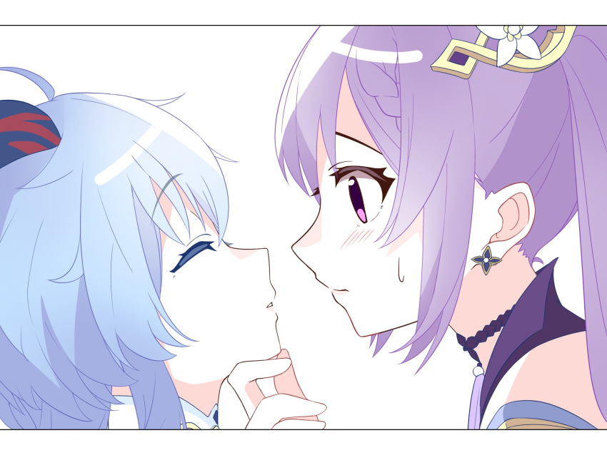 2girls blue_hair braid closed_eyes commentary_request earrings ganyu_(genshin_impact) genshin_impact hand_on_another's_chin highres horns imminent_kiss jewelry keqing_(genshin_impact) long_hair looking_at_another multiple_girls parted_lips purple_hair side_braid simple_background sweatdrop twintails violet_eyes white_background wu_qin_(gyxx_04) yuri