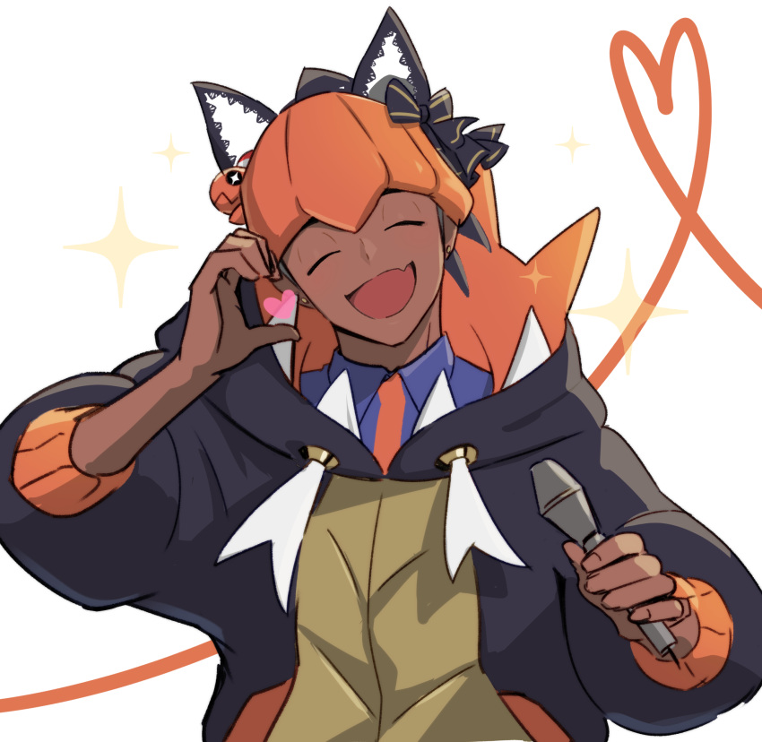 1boy :d animal_ears black_hoodie blue_shirt closed_eyes collared_shirt commentary_request earrings facing_viewer fang happy headband heart highres holding holding_microphone hood hood_down hoodie jewelry male_focus microphone open_mouth orange_headband pokemon pokemon_swsh raihan_(pokemon) shirt skin_fang smile solo sparkle tassel trapinch upper_body yunoru