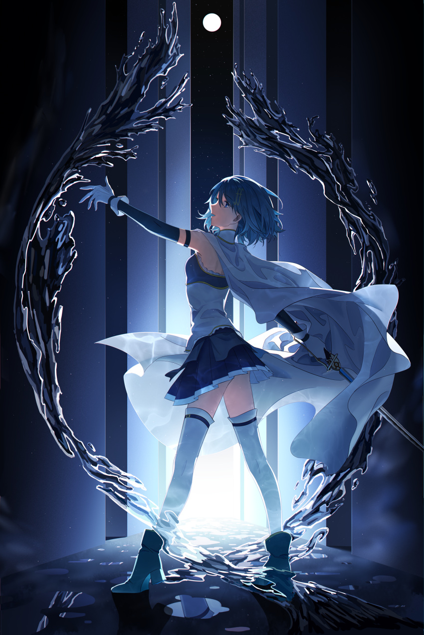 1girl ankle_boots backlighting baizhou_zhi_ying blue_eyes blue_footwear blue_hair blue_skirt bodice boots cape detached_sleeves floating_cape from_behind full_body full_moon gloves hair_ornament highres holding holding_sword holding_weapon hydrokinesis legs_apart looking_at_viewer looking_back mahou_shoujo_madoka_magica mahou_shoujo_madoka_magica_(anime) miki_sayaka moon musical_note musical_note_hair_ornament night night_sky open_mouth outstretched_arms short_hair skirt sky solo standing star_(sky) starry_sky sword thigh-highs water weapon white_cape white_gloves white_thighhighs