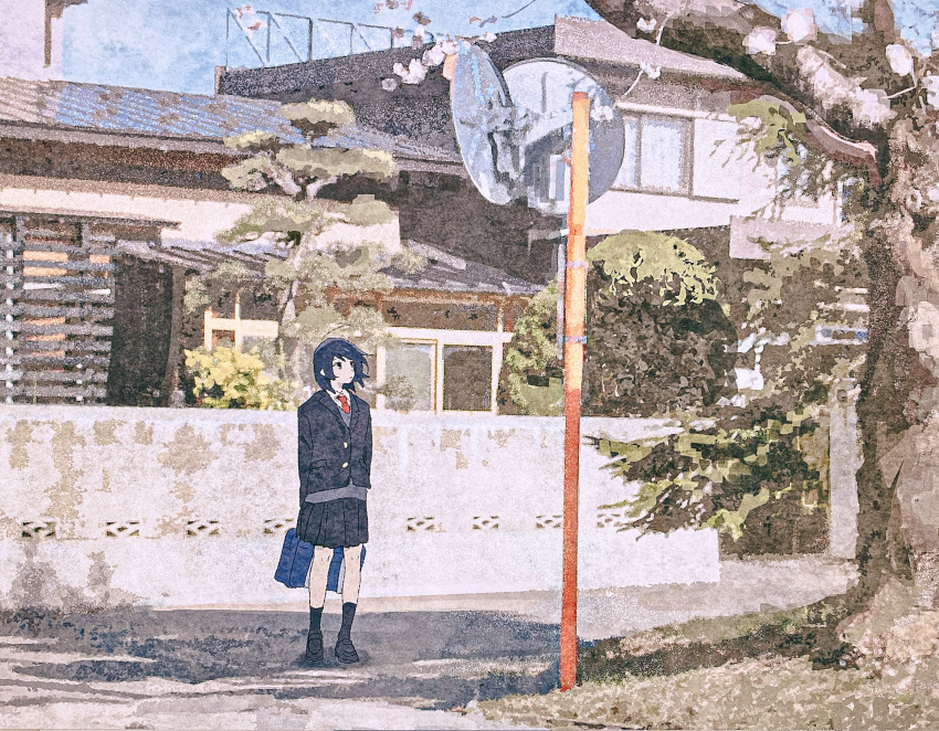 1girl absurdres arima_haruka arms_behind_back black_hair black_jacket black_skirt blazer buttons day flower highres house jacket long_sleeves looking_to_the_side outdoors plant pleated_skirt road sazanami_no_shoujo-tachi shadow short_hair skirt solo soma_michiko standing sunlight traffic_mirror tree white_flower wide_shot wind window