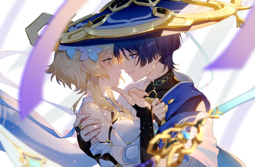 1boy 1girl akasaki_aimu arm_around_back black_shirt blonde_hair blue_eyes blue_hair blunt_ends blurry blurry_foreground commentary_request couple dress flower frown genshin_impact hair_flower hair_ornament hand_on_another's_chin hands_on_another's_chest hat hetero highres jingasa lumine_(genshin_impact) scaramouche_(genshin_impact) shirt short_hair_with_long_locks simple_background smile white_background white_dress white_flower yellow_eyes