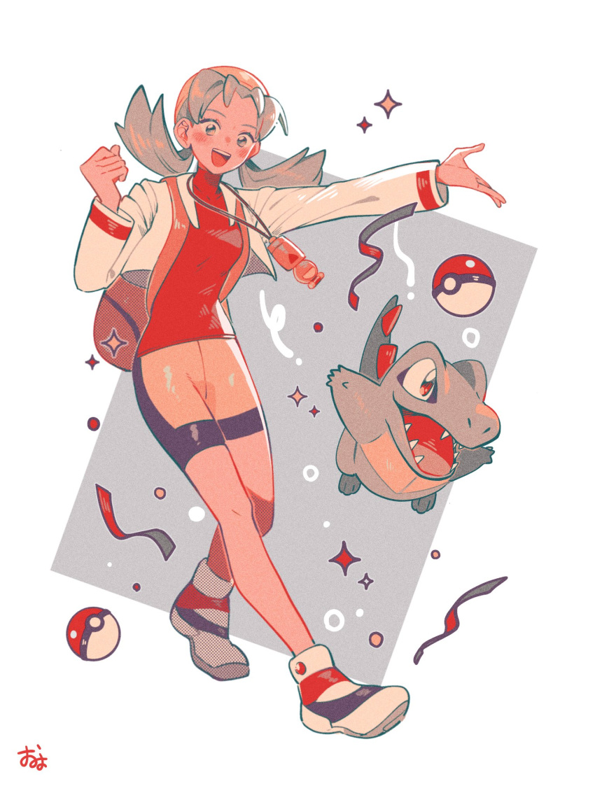 1girl backpack bag bike_shorts blue_hair blue_skin blush colored_skin commentary confetti crocodilian full_body hat highres jacket kris_(pokemon) long_hair long_sleeves looking_at_viewer low_twintails omyo_(myomyomyo22) open_clothes open_jacket open_mouth outstretched_hand poke_ball pokegear pokemon pokemon_(creature) pokemon_gsc red_eyes red_shirt sharp_teeth shirt smile sparkle tail teeth totodile turtleneck turtleneck_shirt twintails upper_body white_jacket
