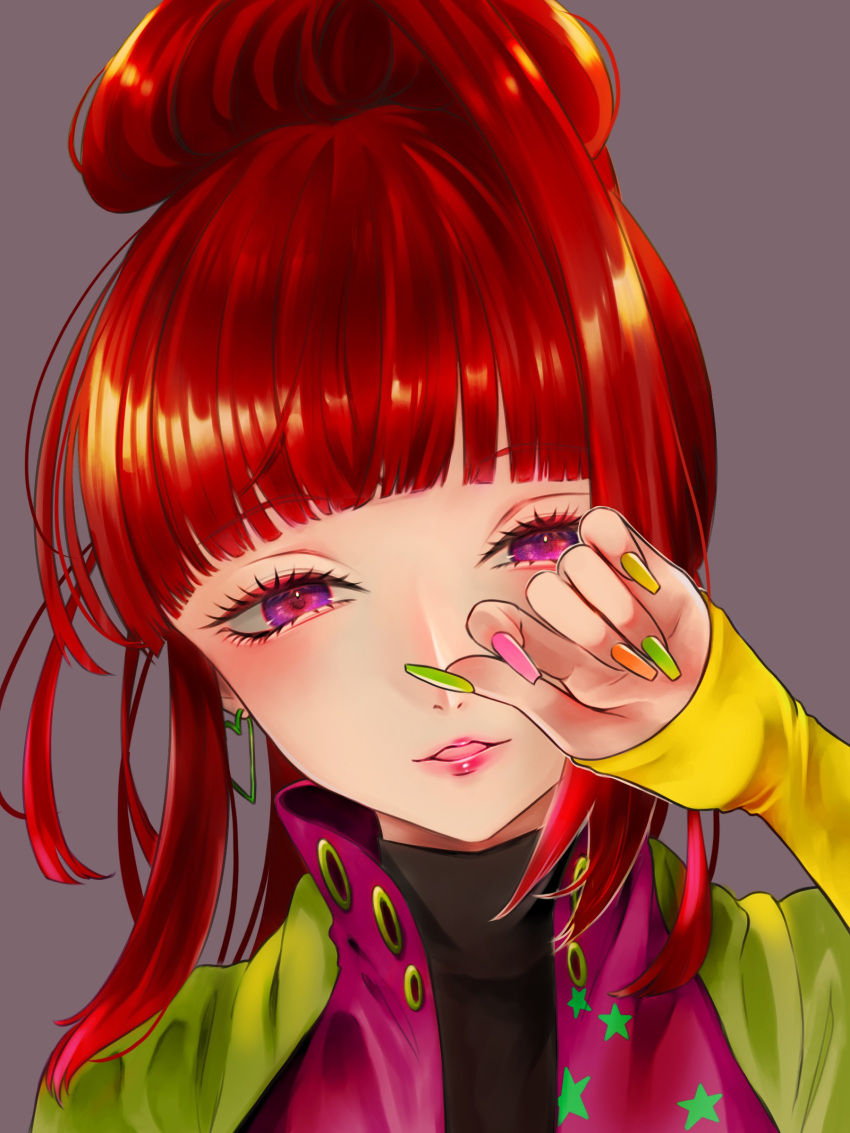 1girl absurdres blunt_bangs earrings gnosia heart heart_earrings heart_tattoo high_ponytail highres jewelry long_hair long_sleeves looking_at_viewer mogi_gimo multicolored_nails nail_polish red_eyes redhead solo sq_(gnosia) tattoo upper_body violet_eyes