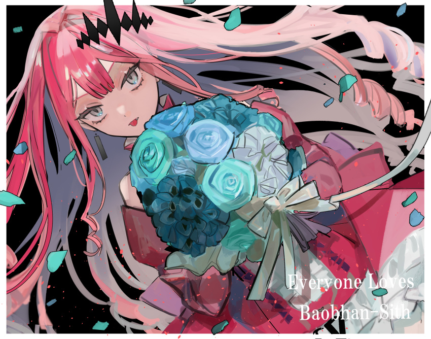 1girl baobhan_sith_(fate) baobhan_sith_(first_ascension)_(fate) bare_shoulders black_background blue_flower border bouquet character_name detached_sleeves dress earrings english_text falling_petals fang fate/grand_order fate_(series) flower frilled_dress frills grey_eyes hair_ornament highres holding holding_bouquet jewelry kitou_saji long_hair looking_at_viewer petals pink_hair red_dress sidelocks solo tongue tongue_out upper_body white_border