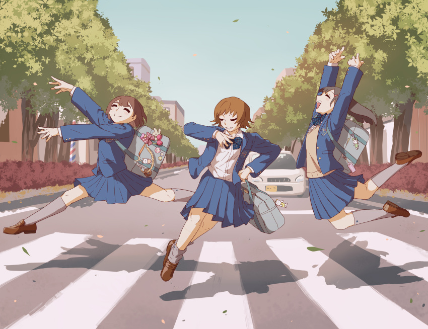 3girls absurdres arms_up avogado6 bag black_hair blue_bag blue_bow blue_bowtie blue_jacket blue_skirt blue_sky blush bow bowtie brown_footwear brown_hair building bush buttons car charm_(object) city clenched_hand closed_eyes collared_shirt commentary crosswalk day emblem grey_socks hair_ornament hairpin hand_on_own_hip hand_up happy highres holding holding_bag jacket jumping lapels leaf long_hair long_sleeves motor_vehicle multiple_girls open_clothes open_jacket open_mouth original outdoors pink_bow plaid plaid_bow plaid_bowtie pleated_skirt polka_dot polka_dot_bow pom_pom_(clothes) road school_uniform shadow shirt shoes skirt sky smile socks teeth tree vest white_shirt yellow_vest