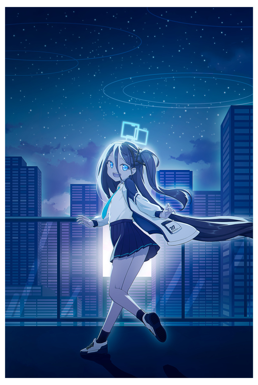 1girl absurdres aqua_necktie aris_(blue_archive) black_hair black_hairband black_skirt black_socks blue_archive blue_eyes building cityscape english_commentary hair_between_eyes hairband highres jacket long_hair long_sleeves looking_at_viewer necktie night night_sky on_roof one_side_up open_clothes open_jacket open_mouth outdoors pleated_skirt ribbonsnek shirt skirt sky skyline skyscraper smile socks solo star_(sky) starry_sky very_long_hair white_jacket white_shirt white_sneakers