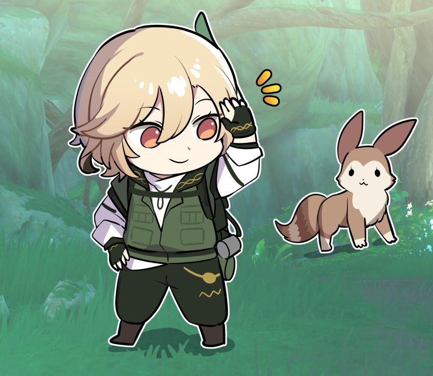 1boy :3 arm_up backpack bag blonde_hair boots brown_footwear chibi closed_mouth commentary day english_commentary feather_hair_ornament feathers flower fox game_screenshot_background genshin_impact gloves grass green_bag green_gloves green_pants green_vest hair_between_eyes hair_ornament hand_on_own_hip highres jungle kaveh_(discovery)_(genshin_impact) kaveh_(genshin_impact) long_sleeves looking_back male_focus moss nature notice_lines official_alternate_costume ooyun outdoors outline pants partially_fingerless_gloves plant red_eyes rock shirt sidelocks smile solo standing tree vest vines white_flower white_outline white_shirt