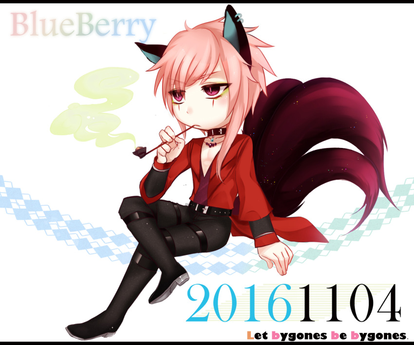 1boy animal_ear_piercing animal_ears artist_name belt belt_collar black_pants blade_&amp;_soul brown_belt chibi closed_mouth collar commentary_request dated earrings english_text expressionless full_body highres holding holding_smoking_pipe jewelry kiseru lanmei_jiang long_hair long_sleeves looking_afar lyn_(blade_&amp;_soul) male_focus medium_bangs multiple_earrings multiple_tails pants pink_hair red_shirt shirt smoke smoking smoking_pipe solo tail violet_eyes white_background wolf_boy wolf_ears
