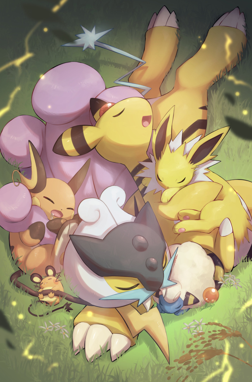 6+others absurdres ampharos claws closed_eyes commentary cuddling dedenne electricity fangs flower grass highres jolteon mareep multiple_others no_humans nullma open_mouth pokemon pokemon_(creature) poknullma raikou sleeping smile symbol-only_commentary trait_connection yellow_fur