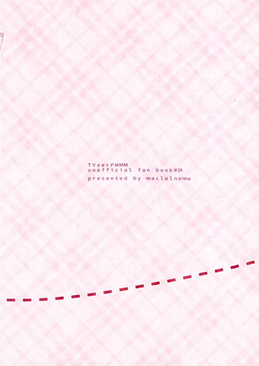 absurdres back_cover circle_name cover dotted_line english_text highres mahou_shoujo_madoka_magica mahou_shoujo_madoka_magica_(anime) no+bi= no_humans pink_background plaid plaid_background simple_background