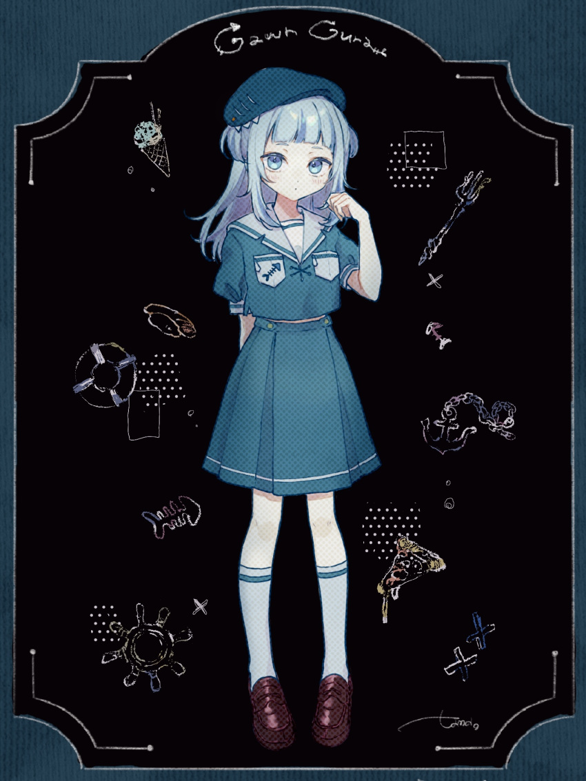 1girl alternate_costume beret blue_beret blue_eyes blue_hair blue_hat blue_shirt blunt_bangs blush breast_pocket brown_footwear character_name commentary full_body gawr_gura grey_hair hand_up hat highres hololive hololive_english kneehighs long_hair looking_at_viewer miniskirt multicolored_hair parted_lips pleated_skirt pocket puffy_short_sleeves puffy_sleeves sailor_collar sailor_shirt shirt short_sleeves skirt socks solo streaked_hair surprised tama_(odi_san_fairy) two_side_up virtual_youtuber white_sailor_collar white_socks